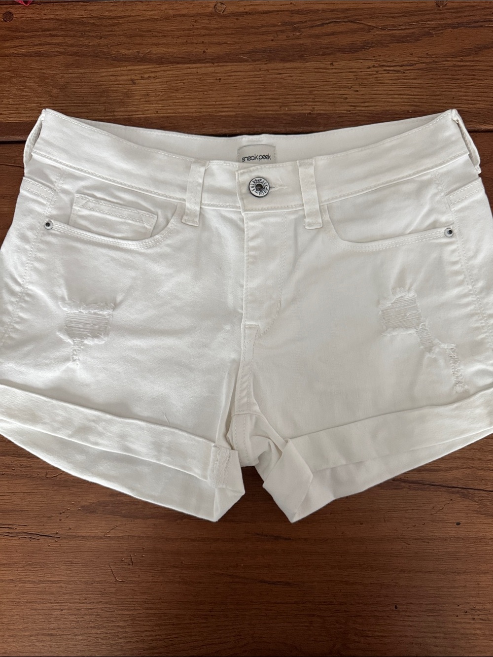 Sneak Peek White Distressed Cuffed Women’s Jean Shorts